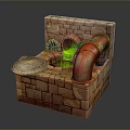Brick Structure Equipment With Arched Entrance Green Liquid And Orange Pipe