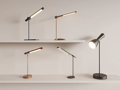 Multiple Stylish Modern Table Lamps With Different Designs On White Shelves 3d model