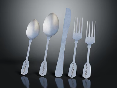Five Piece Minimalist Silver Tableware Set with Patterned Handles on Black Reflective Background 3d model