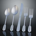 Five Piece Minimalist Silver Tableware Set with Patterned Handles on Black Reflective Background