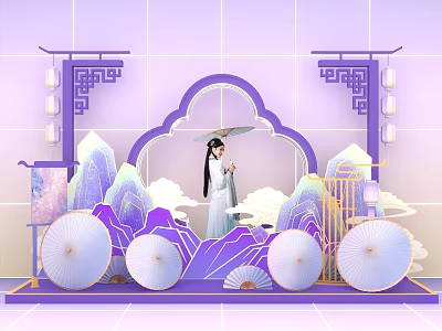 Ancient Style Purple Photo Check-in Spot With Traditional Woman Mountain Fans Lanterns And Chinese Frame 3d model