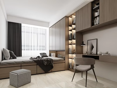 Modern Tatami Bedroom Interior Design With Built in Bookshelves Study Desk And Storage Cabinets 3d model