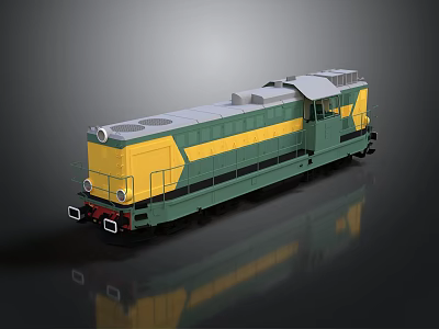 Green and Yellow Diesel Train Model on Dark Reflective Surface with Detailed Design 3d model