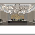 Hotel Lobby Interior With Red Backdrop Lattice Screens Bonsai Tree And Rockery