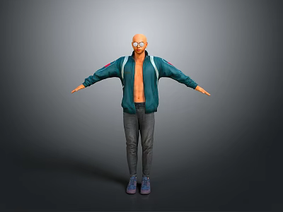 Man With Open Green Jacket Glasses Gray Pants Blue Shoes And Arms Outstretched 3d model