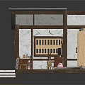 Japanese Style Interior Room with Tatami Area Wooden Desk Cabinet Bookshelf and Steps
