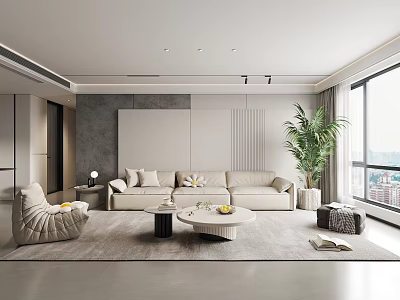 Modern Living Room Interior Design With Beige Sofa Round Coffee Table And Green Plant 3d model
