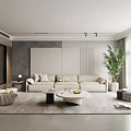Modern Living Room Interior Design With Beige Sofa Round Coffee Table And Green Plant