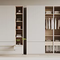 Modern White Wardrobe Design With Wooden Interior Drawers Hanging Rod And Side Shelf With Plants