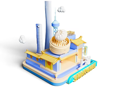 Shanghai Themed 3D Model Featuring Traditional Modern Architecture Yellow Roof Steamer Bun And Clouds 3d model
