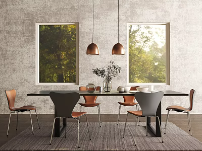 Dining Table Set With Brown Gray Chairs Copper Pendant Lights By Windows With Green Trees 3d model