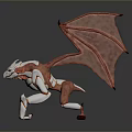 Red and White Mythical Dragon with Large Wings 3D Model Standing Pose