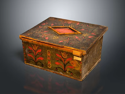 Vintage Wooden Decorative Ornament Set With Painted Floral Patterns And Red Square Inlay 3d model