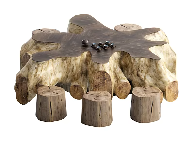 Natural Wooden Root Carving Tea Table With Stump Supports And Tea Cups 3d model