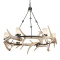Antler Chandelier With Circular Design And Candle Shaped Lights Hanging By Metal Chains