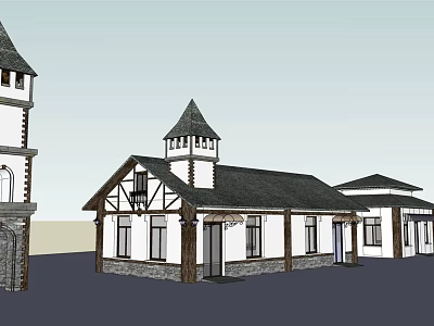 European Style Commercial Complex With Tower Pitched Roof And Stone Walls 3d model