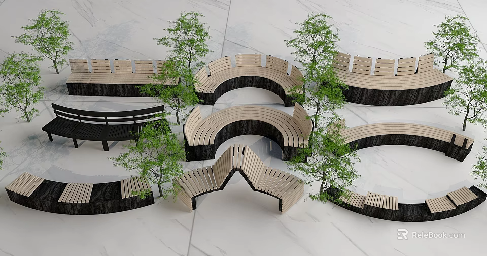 Modern Curved Landscape Seats Design With Wooden Structure And Green Trees 3d model 