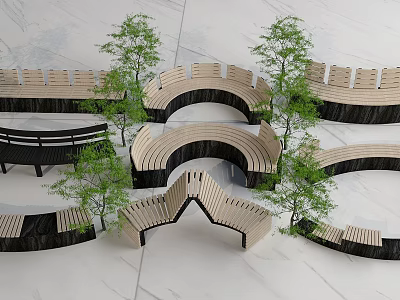 Modern Curved Landscape Seats Design With Wooden Structure And Green Trees 3d model