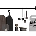 Stylish Kitchen Cooking Utensils with Hanging Rod Wooden Cutting Board Stacked Plates and Storage Organizer