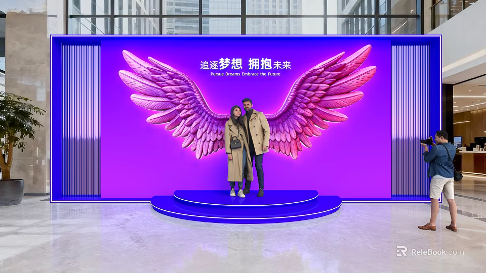 Popular Photo Check In Spot With Pink Wings Blue Platform And People Posing 3d model 