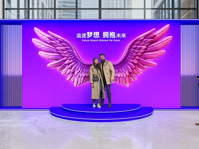 Popular Photo Check In Spot With Pink Wings Blue Platform And People Posing 3d model