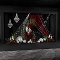 Elegant Banquet Hall With Red Curtains Green Plants White Red Flowers Chandeliers And Silver Spheres