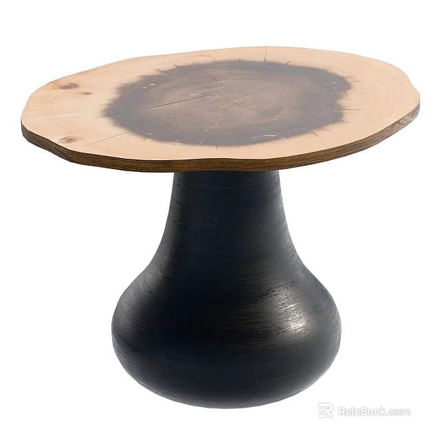 Round Wooden Coffee Table With Natural Growth Ring Texture And Black Base 3d model 