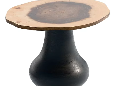 Round Wooden Coffee Table With Natural Growth Ring Texture And Black Base 3d model