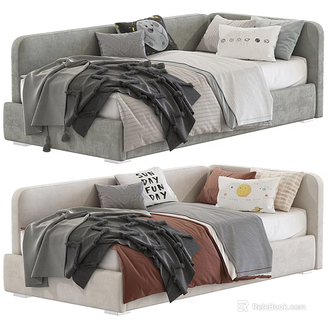 Cozy Gray Sofa Bed Design With Mixed Pillows And Soft Blankets 3d model