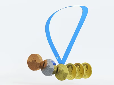 Gold Silver Bronze Medals With Blue Ribbon For Sports Achievement Awards 3d model