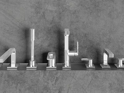 Multiple Silver Faucets Featuring Different Designs Arranged On Gray Background 3d model