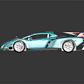 Blue Sports Car With Sleek Design Rear Wing Red Wheels And Black Windows