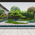 Modern Garden Landscape With Glass Corridor Courtyard Green Plants And Water Pool