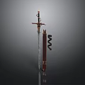 Decorative Handcrafted Sword With Intricate Hilt Design And Carved Wooden Scabbard