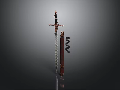 Decorative Handcrafted Sword With Intricate Hilt Design And Carved Wooden Scabbard 3d model