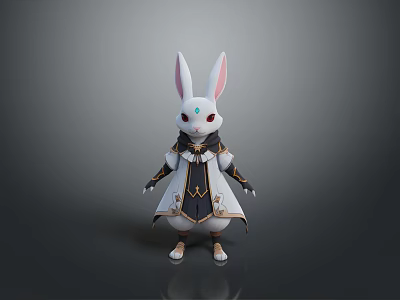 3D White Rabbit Character With Long Ears Red Eyes And Decorative Outfit 3d model