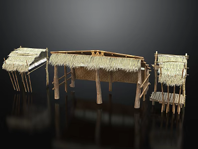 Traditional Thatched Hut Structures With Wooden Poles And Thatch Roof Designs 3d model