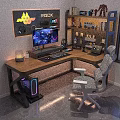 Gaming Desk Setup With Ergonomic Chair Computer Monitor RGB PC Case And Decorative Shelf