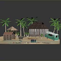 Tropical Scenic View With Sandy Beach Thatched Hut Palm Trees Green Bus And Wooden Bridge