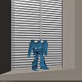 Blue Robot Sculpture Displayed on Windowsill with White Blinds Background 3d model