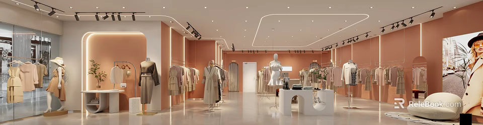 Modern Clothing Store Interior With Mannequins Hanging Clothes And Lighting Fixtures 3d model 