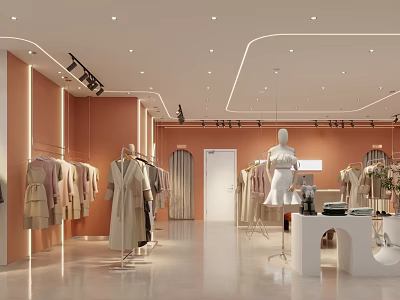 Modern Clothing Store Interior With Mannequins Hanging Clothes And Lighting Fixtures 3d model