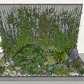 Various Green Plants And Purple Flowers In Garden With Metal Grid Background And Stones