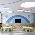 Kindergarten Classroom With Colorful Ceiling Lights Blue Wave Wall Animal Paintings Green Chairs White Tables