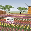 Modern Flower Sea Tulip Flower Field Park Landscape Romantic Flower Sea Internet Celebrity Tourist Attractions Landscape Wooden Plank Road Dutch Cart 3d model