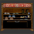Wooden Shoe Bench With Red Patterned Cushion And Multiple Shelves Storing Various Shoes
