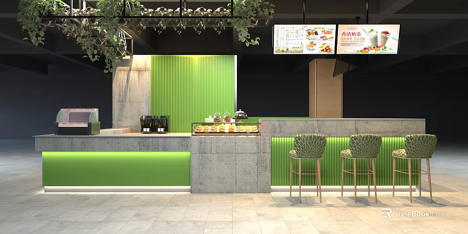 Bubble Tea Shop Interior With Green Wall Counter Menu Screens Hanging Plants And Drinks 3d model 