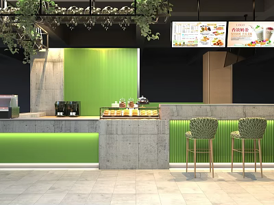 Bubble Tea Shop Interior With Green Wall Counter Menu Screens Hanging Plants And Drinks 3d model