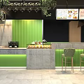 Bubble Tea Shop Interior With Green Wall Counter Menu Screens Hanging Plants And Drinks