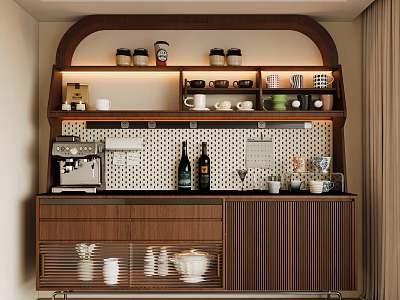 Stylish Wooden Sideboard with Shelves Coffee Machine Jars Cups Bottles Glasses and Glass Doors 3d model